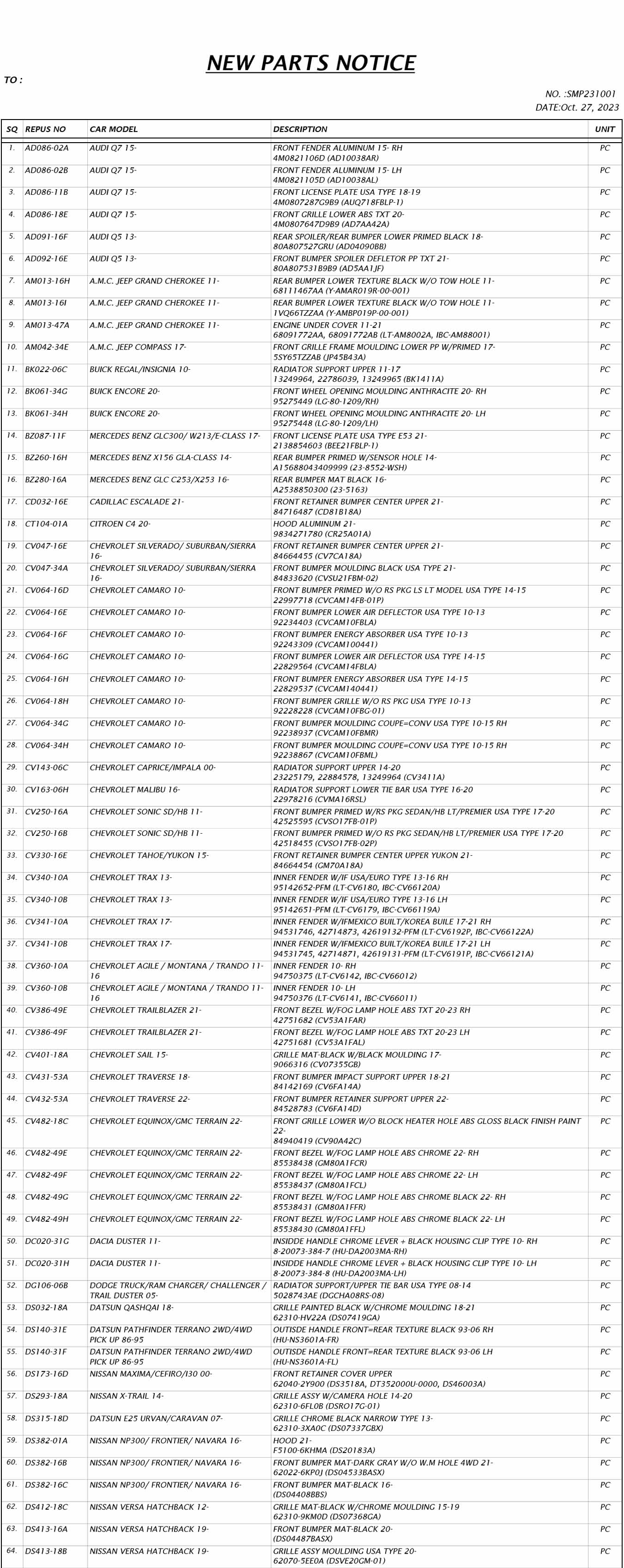 NEW PARTS NOTICE (Oct. 2023) King Auto Parts Co., Ltd.